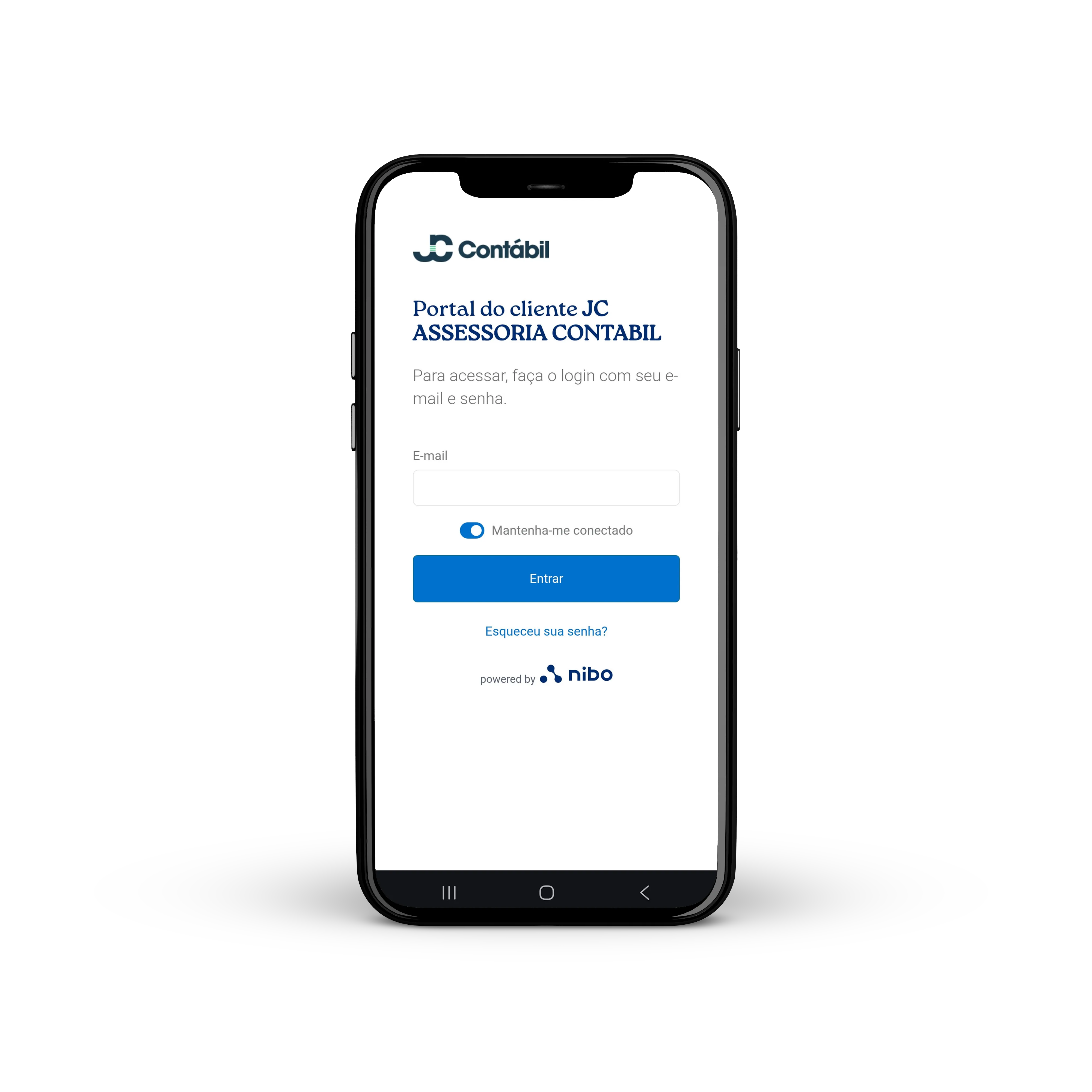 Tela de login do portal do cliente JC Contábil no aplicativo