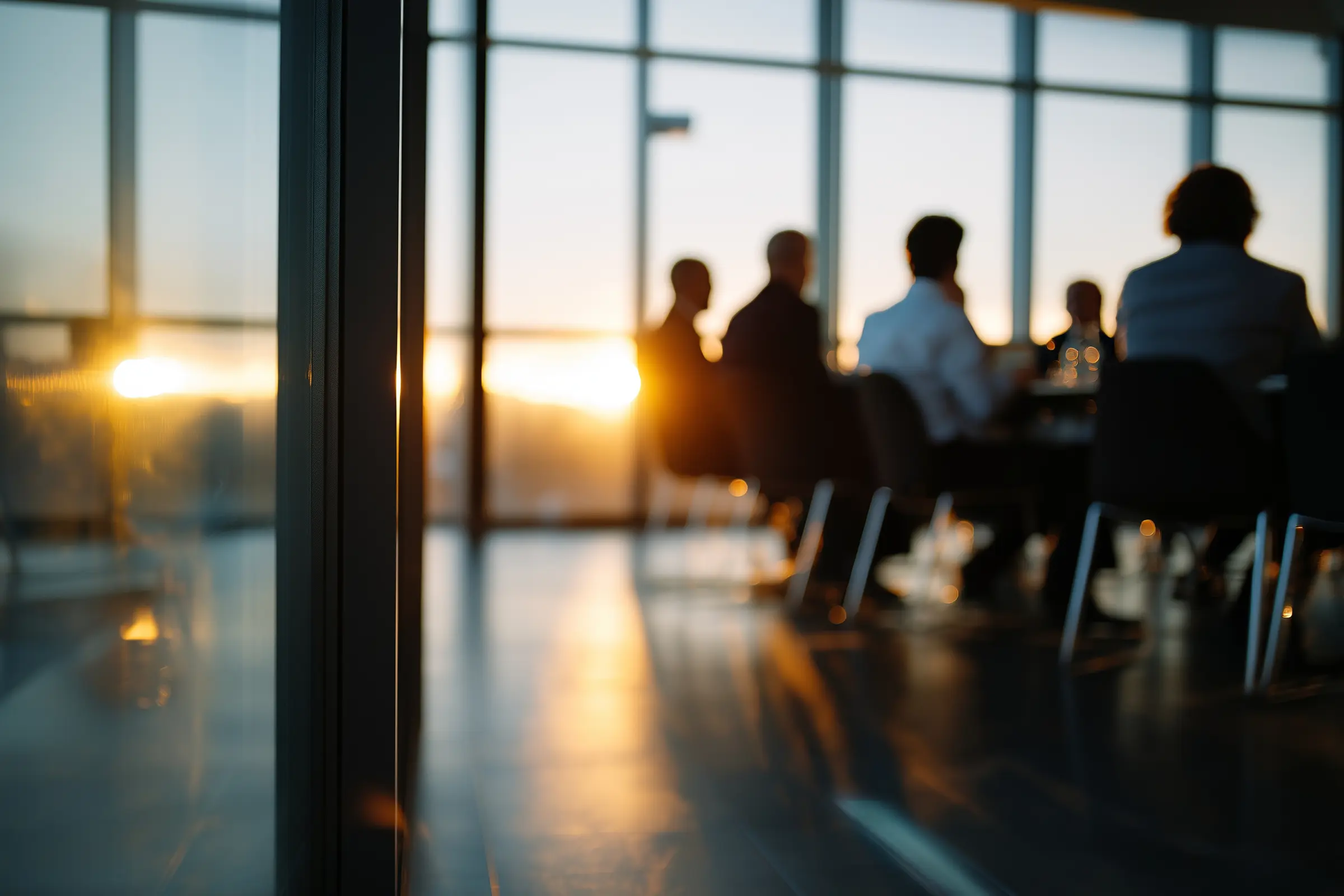 Reunião de negócios ao amanhecer, silhuetas em contraluz