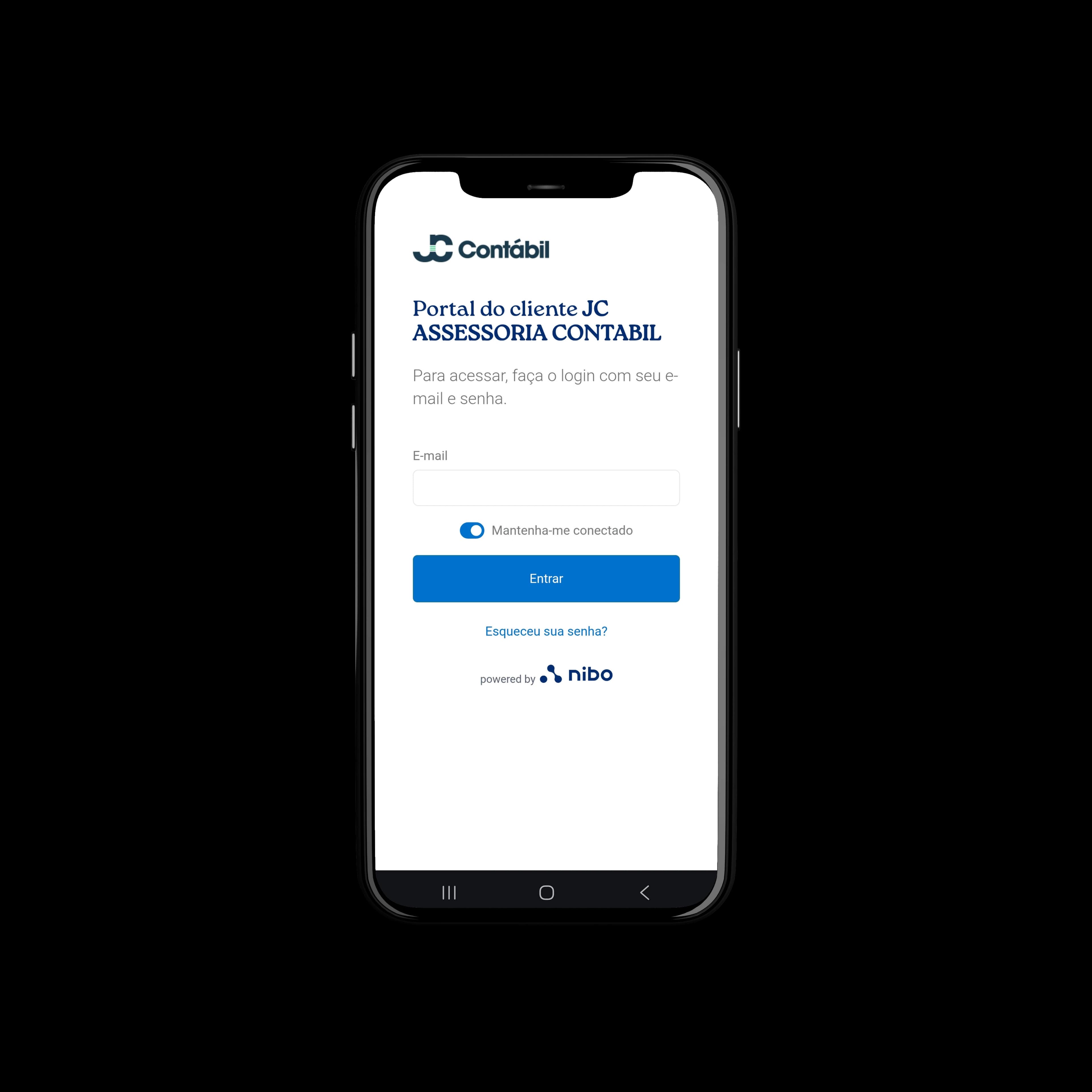 Tela de login do portal do cliente JC Contábil no aplicativo, exibida em um celular